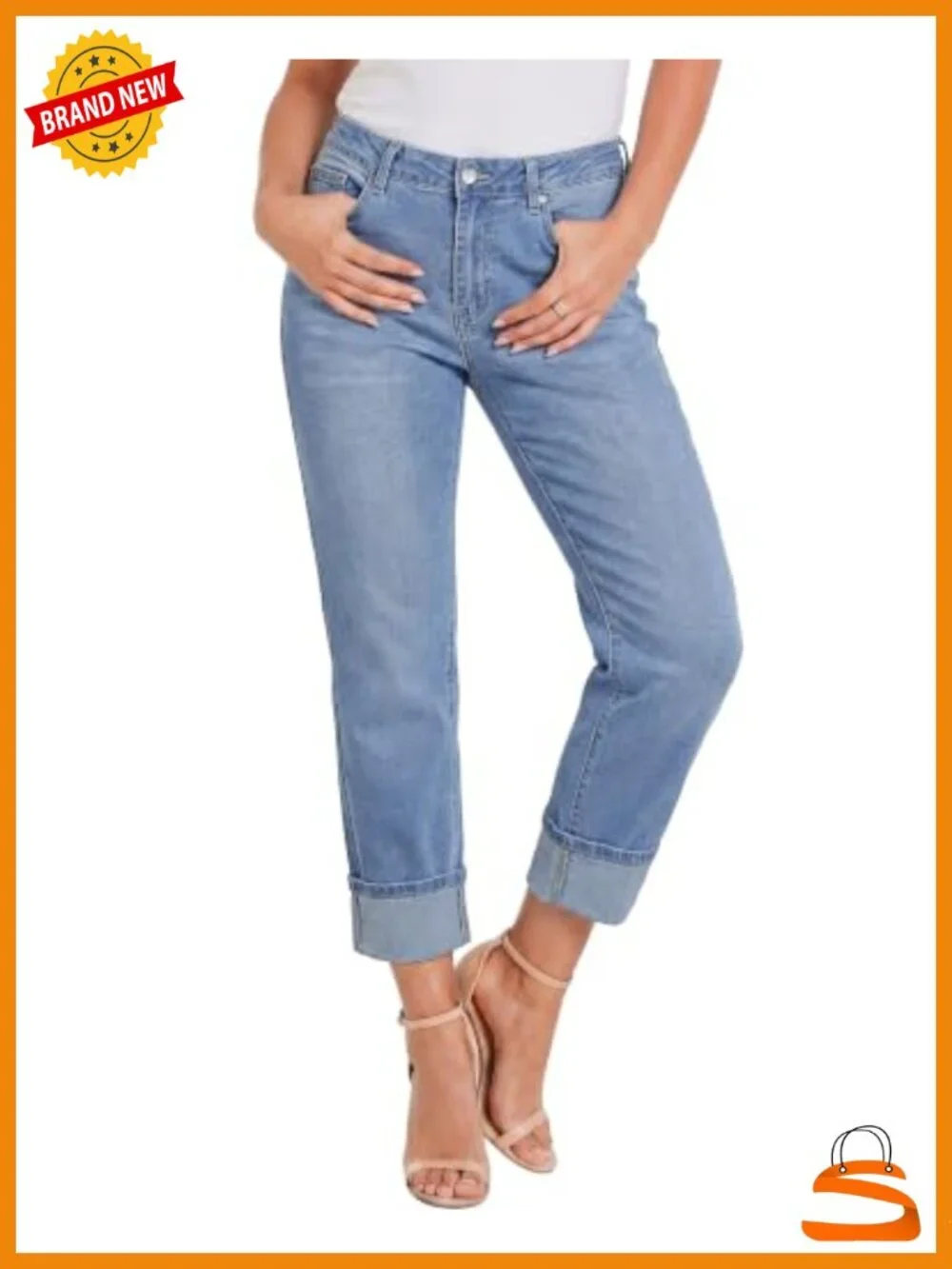 High Waist Cropped Straight Leg Jeans Distressed Wash Cuffed Hem Stretch Denim